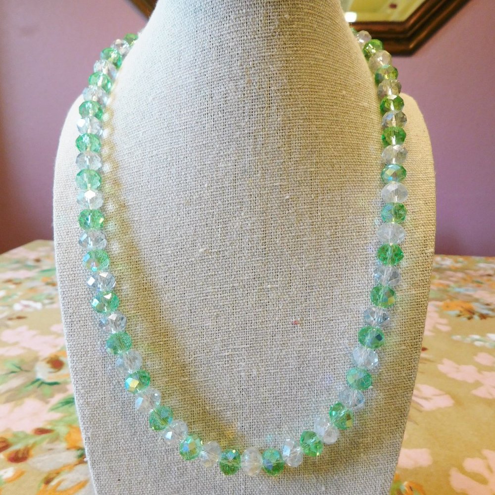 Handmade Light Green  Faceted Glass Beaded Necklace - 20"